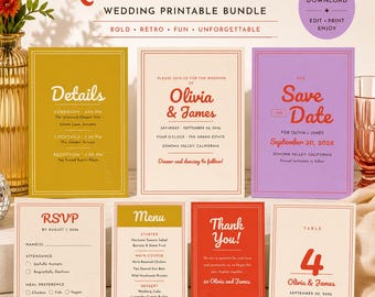 Groovy 70s Wedding Invitation Suite, Retro Disco Style, Colorful Editable Template (Digital Download)