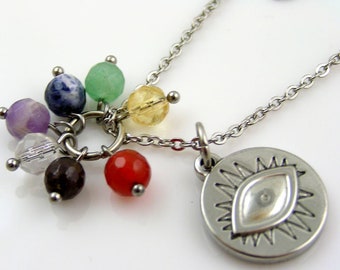 Chakra Gemstone Necklace with Evil Eye Pendant, N2113