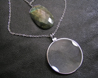 Magnifying Glass Necklace, Large Labradorite Pendant, N2051