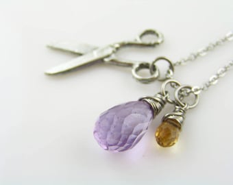 Amethyst and Citrine Necklace with Scissors Charm, N2171