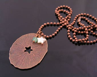 Large Copper Pendant Necklace, Carved Aventurine and MoP Stars, N2081