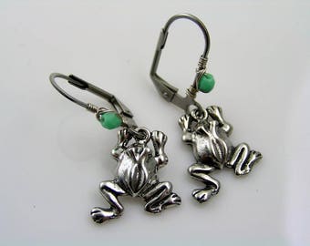 Frog Earrings with Green Crystals, Wire Wrapped, E2456