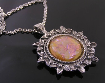 Glass Opal Necklace, Silver Jewelry, Australian Sellers, Large Pendant, N1364
