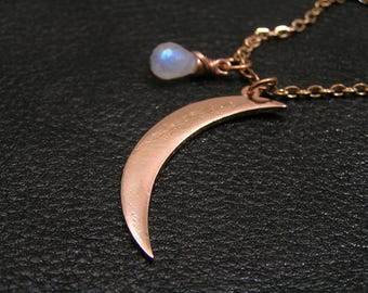 Rose Gold Moon Necklace with Rainbow Moonstone, N1020