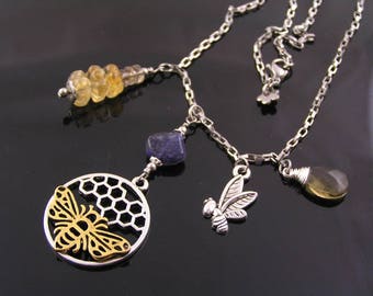 Honey Bee Charm Necklace with Iolite and Citrine, N1255