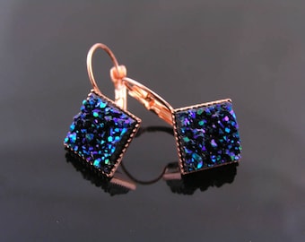 Blue Druzy Earrings in Rose Gold, E1884