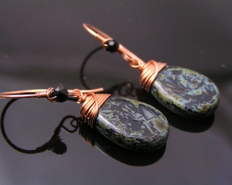 Copper Earrings with Black and Green Czech Glass Drops, E1998b
