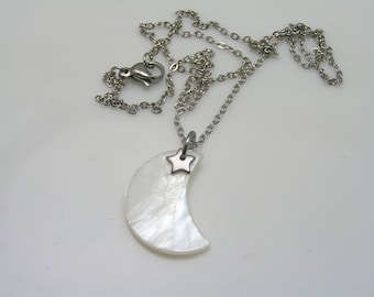 Mother of Pearl Crescent Moon Necklace, Genuine MoP Pendant, N2387