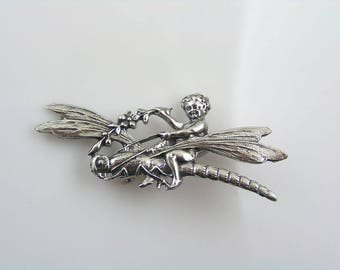 Dragonfly Brooch, Vintage Style Cherub on Dragonfly Pin, Victorian Revival, P319