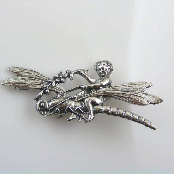 Dragonfly Brooch, Vintage Style Cherub on Dragonfly Pin, Victorian Revival, P319