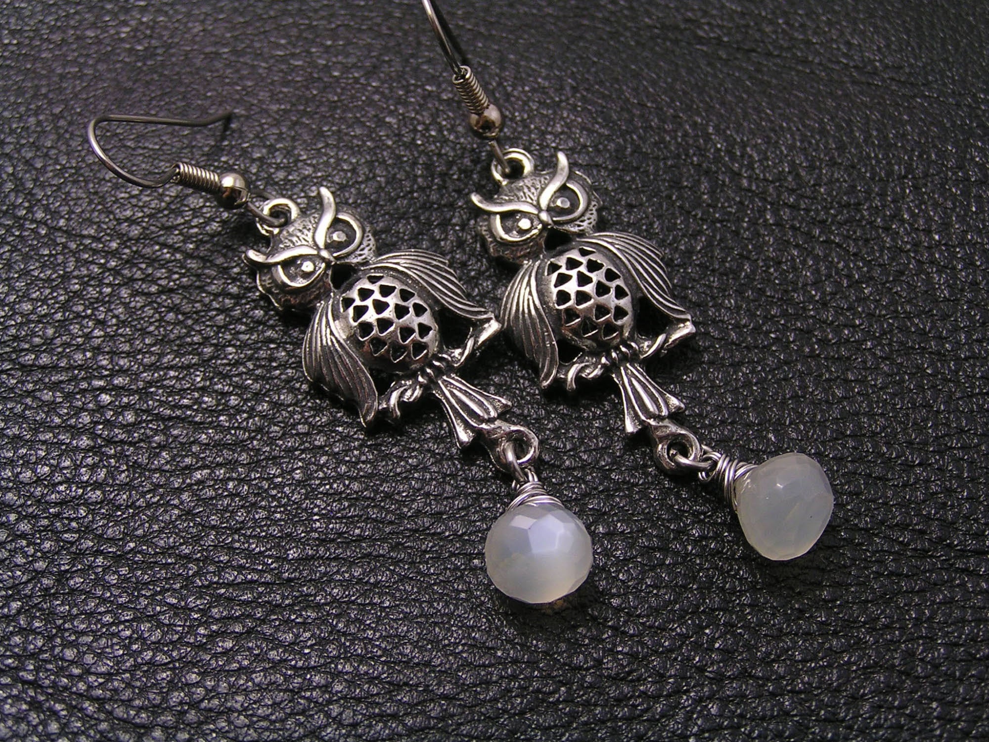 Owl Earrings, White Moonstone, E1694