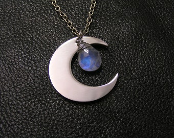 Crescent Moon Necklace with Rainbow Moonstone, Moon Phase Jewelry, WJ Handmade Jewelry, Stainless Steel Chain, N1373