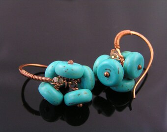 Solid Copper Earrings with Turquoise Beads, Handmade, E906