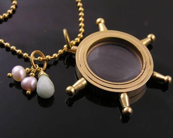 Magnifying Glass Necklace with Pearls and Larimar Gemstone, N2103