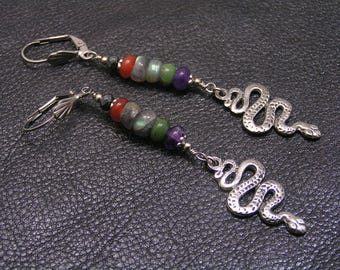 Snake Earrings with Labradorite, Carnelian, Hematite, Chrysoprase and Amethyst, E673