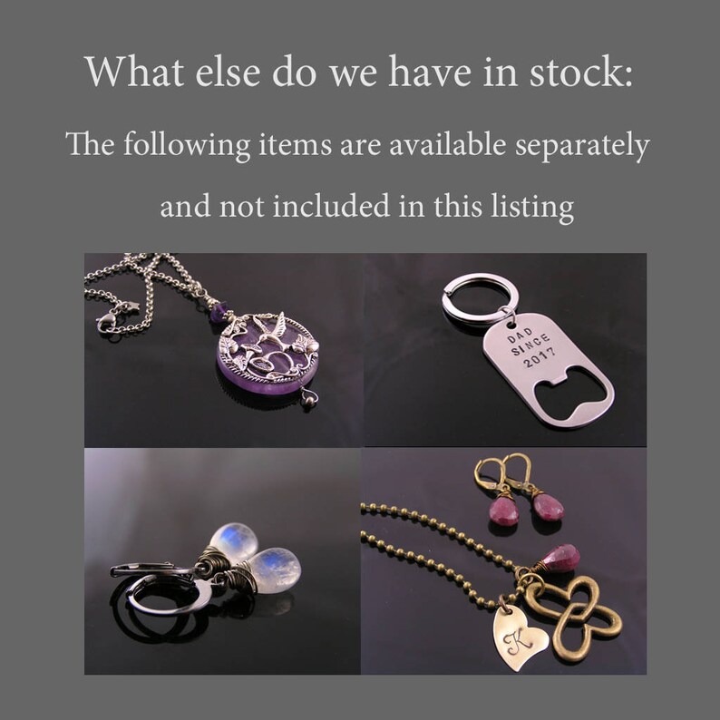 May include: Four different jewelry items: a silver necklace with a purple stone pendant, a silver key chain with a bottle opener and the text "DAD SINCE 2017", a pair of silver earrings with white moonstone drops, and a gold chain necklace with a heart charm and two red gemstone earrings.