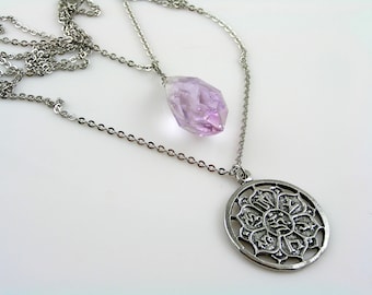 Yoga Necklace, Ohm Pendant with large Amethyst, N2241