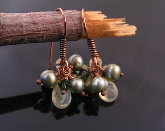 Pearl Earrings with Prehnite, Pearls and Crystals, Solid Copper, Reduced Price, E687