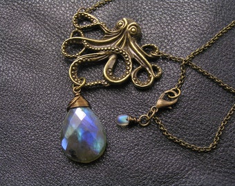 Octopus Necklace with Labradorite, Steampunk Gemstone Jewelry, N2097