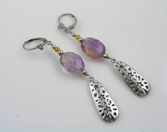 Ametrine Earrings with Star Charms, Amethyst and Citrine, E1789