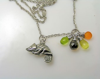 Chameleon Charm Necklace, Peridot Carnelian Smokey Quartz, Wire Wrapped Handmade, Gem Jewelry, Gift Idea Animal Lover, N2040