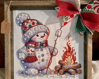 s'mores diamond art, snowman roasting s'mores, snowman campfire, winter scene diamond art, snowman diamond art,