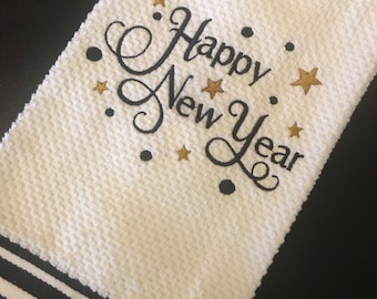 Happy New Year Holiday Embroidered Kitchen Towel