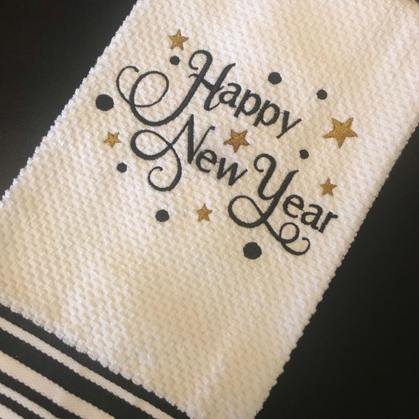 Happy New Year Holiday Embroidered Kitchen Towel