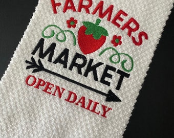 Strawberry Farmers Market Open Daily Embroidered Summer Kitchen Towel