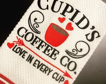 Valentine's Day Cupid’s Coffee Co. Embroidered Kitchen Towel