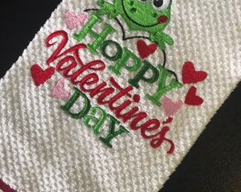 Hoppy Valentine's Day Frog Love Embroidered Valentine's Day Decorative Kitchen Towel Dishtowel