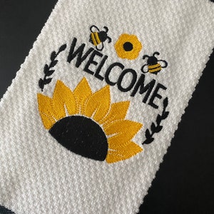 Welcome Sunflower Bees Embroidered Summer Kitchen Towel