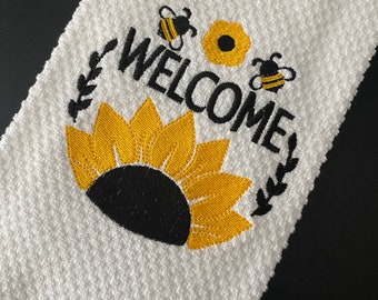 Welcome Sunflower Bees Embroidered Summer Kitchen Towel