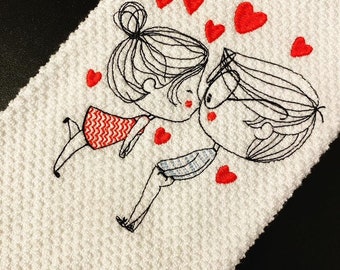 Cute Kissing Couple Embroidered Valentine's Day Kitchen Towel