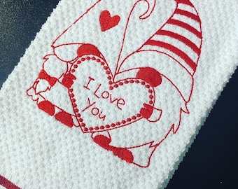 Valentine's Day Gnomes Embroidered Kitchen Towel