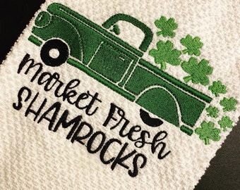 St Patrick's Day Market Fresh Shamrocks Embroidered Kitchen Towel