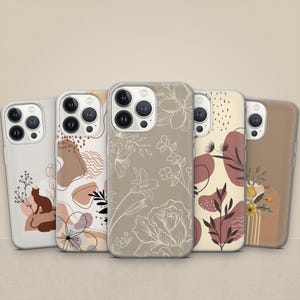 Custodia per telefono minimalista beige con motivo floreale estetista per iPhone 16e, 15, 14, Samsung S25 Ultra, S24FE, A55, A36, A26, Pixel 9, 8, 7, 6