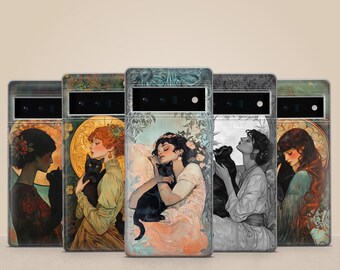 Mucha black cat Phone Case Art nouveau Cover for Pixel 10, 9 Pro, 8Pro, 8A, 7, 7A, iPhone 17, 16 Pro, 15, Samsung S25, S24FE, A55, A26