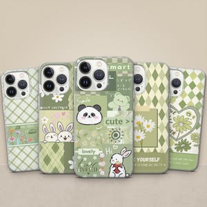 Sage Green Argyle Phone Case Cute Bunny, Panda, Floral Cover for iPhone 17, 16 Pro, 15, 14, 13 Samsung S25, S24FE, A55, A36, A26 Pixel 10, 9