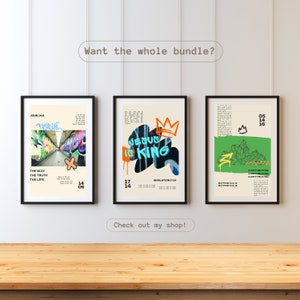 May include: Three framed prints with Christian-themed designs. The first print features a graffiti-style design with the text "Jesus is King" and the Bible verse Revelation 17:14. The second print features a graffiti-style design with the text "The Way, The Truth, The Life" and the Bible verse John 14:6. The third print features a mountain range design with the text "A City on a Hill" and the Bible verse Matthew 5:14.