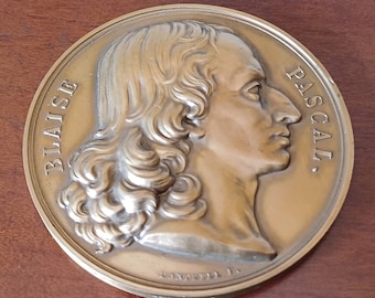 Vintage fransk bronsmedalj Blaise Pascal 1623–1662 av Joseph Dantzell 50 mm