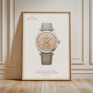 Puede incluir: Una lámina técnica enmarcada de un reloj Rexhep Rexhepi Chronomètre Contemporain con esfera color salmón, caja plateada y correa de cuero gris. El texto dice Rexhep Rexhepi, Chronomètre Contemporain, Atelier Edition, Ref. CHC-001.