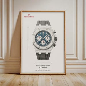May include: A framed technical drawing of an Audemars Piguet Royal Oak Offshore watch. The print features a detailed blue-dial chronograph illustration with technical lines, the text AP AUDEMARS PIGUET, and the model number 26470.