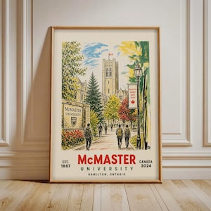 May include: A framed art print featuring a watercolor-style illustration of the McMaster University campus. The image shows a stone tower, trees, and people walking on a path. Text includes McMaster University, Est. 1887, Hamilton, Ontario, Canada 2024.