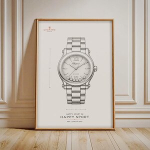 May include: A framed technical drawing of a Chopard Happy Sport watch with a metal link bracelet, featuring floating diamonds on the dial, Roman numerals, and technical dimension lines labeled 36.5 and 28, with the text Happy Sport 36.