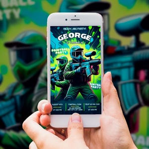 Geweldige paintball-verjaardagsuitnodiging, feestsjabloon boordevol actie, bewerkbare digitale download, aanpasbaar canva-ontwerp, viering van elke leeftijd