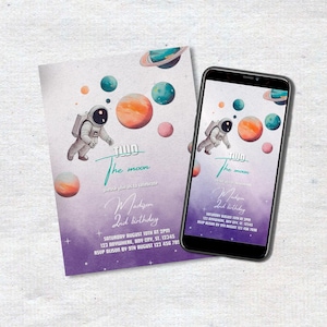 Invitación de cumpleaños Cool Two the Moon: fiesta de segundo cumpleaños con temática espacial para niñas: invitación de astronauta rosa y violeta: imprimible digital editable