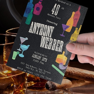 Invito di compleanno modificabile per bar del whisky / Invito per festeggiamenti retrò per adulti / Cocktail party personalizzato per uomini / Originale stampabile a tema cognac
