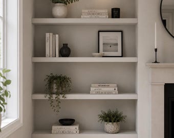 May include: A built-in wall shelving unit with four white shelves featuring various decorative items including potted green plants, stacked books titled Kinfolk and Live Beautiful, a black vase, a framed landscape photograph, and a black candle.