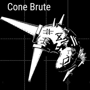 Pode incluir: Ilustração em preto e branco de uma nave espacial com um nariz em forma de cone e um design complexo. A nave espacial é etiquetada como "Cone Brute".
